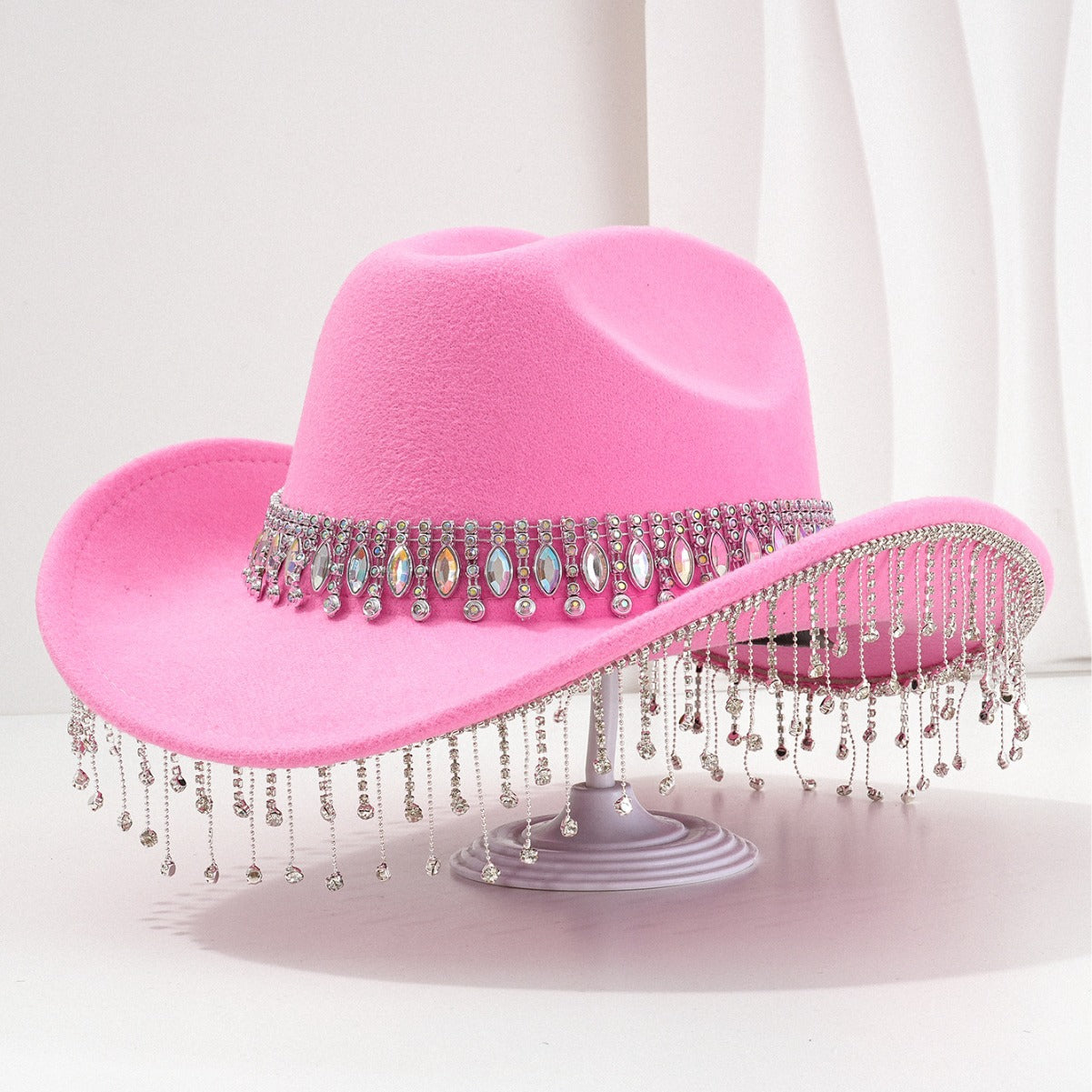 Bridal Hat with Large Round Gemstones, Tassel & Rhinestone Accents-Pink