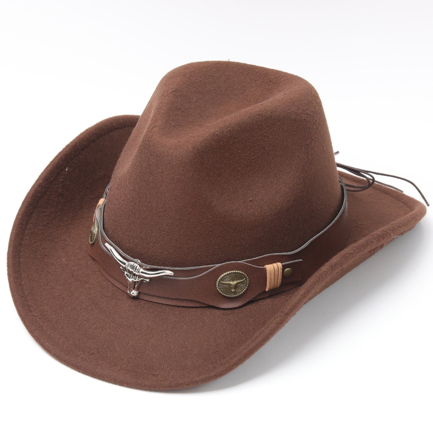 Western Cowboy Hat – Felt Hat with Cow Skull Accessory-Brown / Coffee Brown