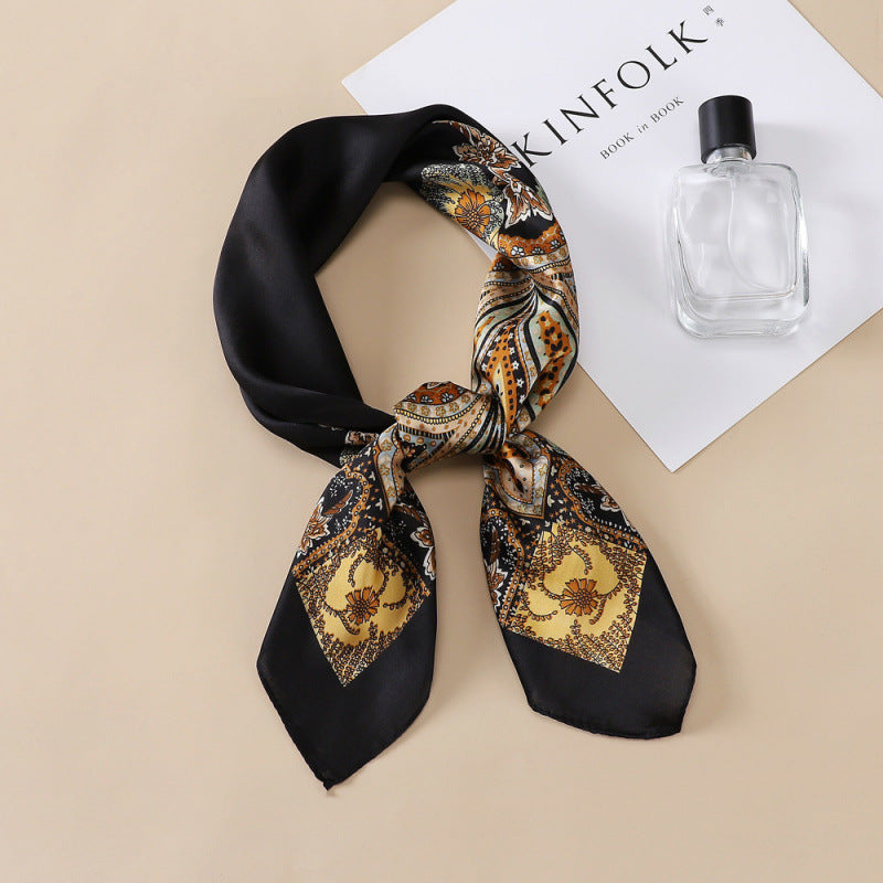**English Translation:** 70cm Black Paisley Silk Square Scarf – Decorative Neck Scarf, Ascot Tie, and European/American Style Headwrap