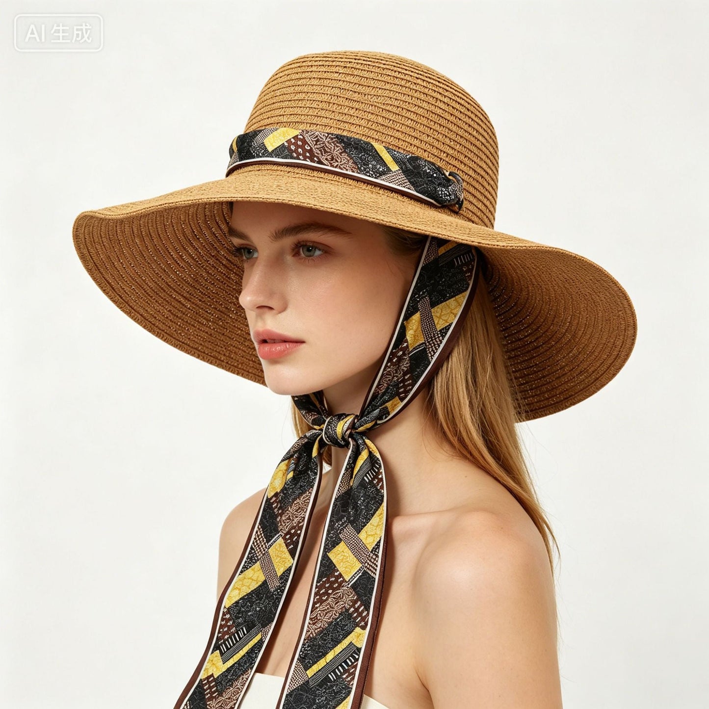 French-Style Large-Brim Straw Sun Hat With-Brown