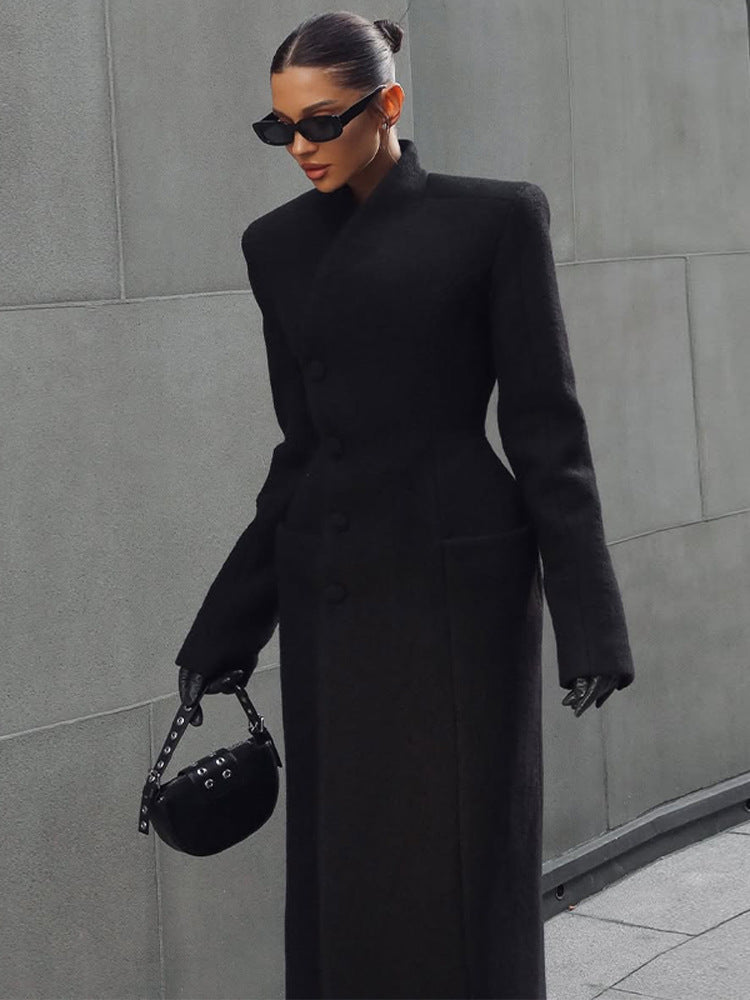 Women's Elegant Stand Collar Single-Breasted Waist-Cinched Long Silhouette Winter Woolen Coat – Premium Feel
