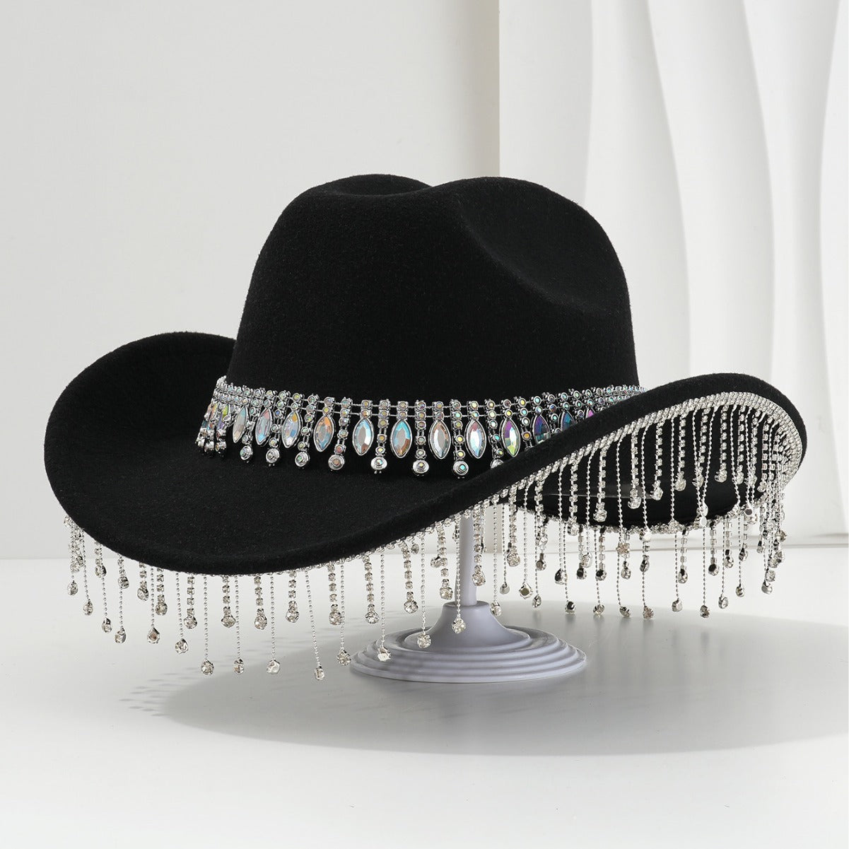 Bridal Hat with Large Round Gemstones, Tassel & Rhinestone Accents-Black