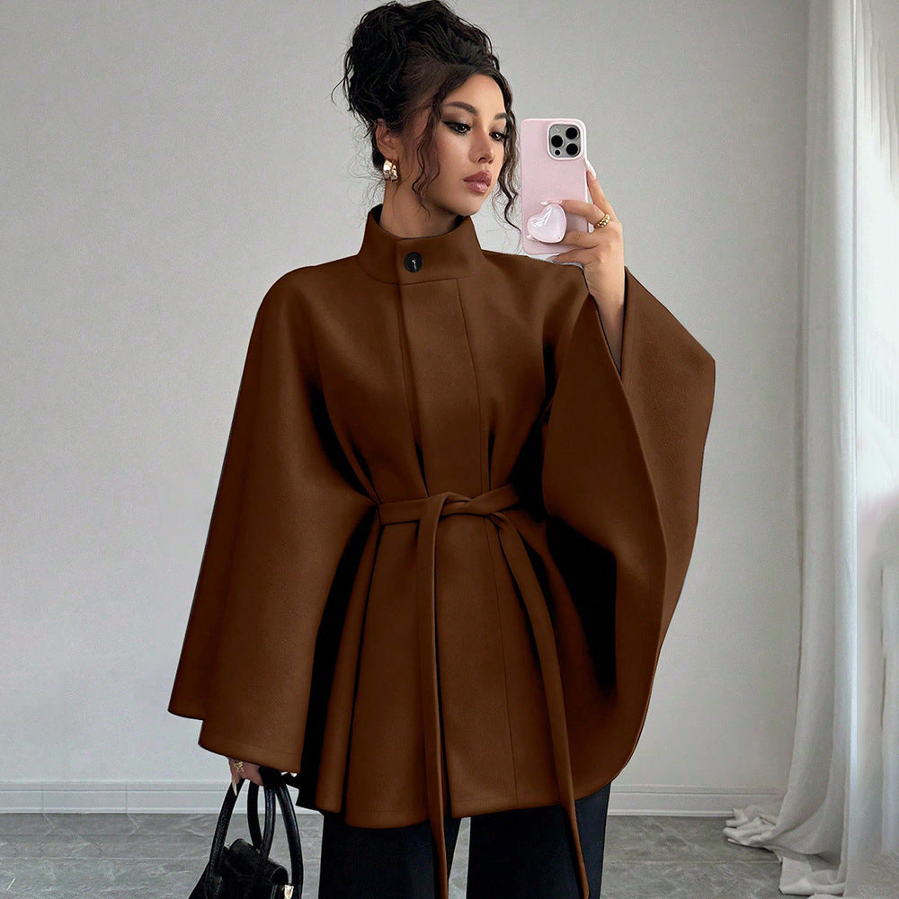 Elegant Stand Collar Tie-Waist Cape-Style Designer Woolen Coat-Brown
