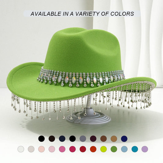 Bridal Hat with Large Round Gemstones, Tassel & Rhinestone Accents-Green