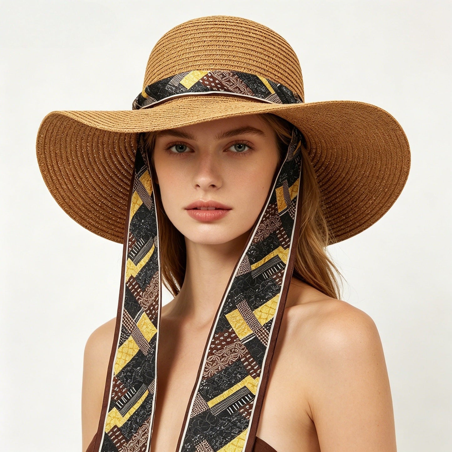 French-Style Large-Brim Straw Sun Hat With-Brown