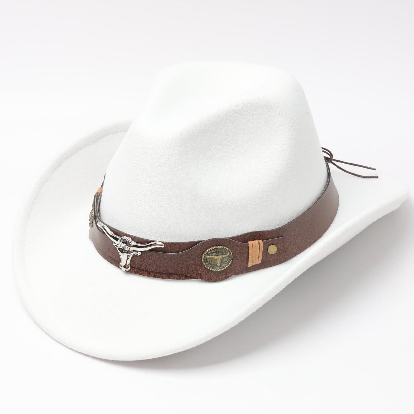 Western Cowboy Hat – Felt Hat with Cow Skull Accessory-White