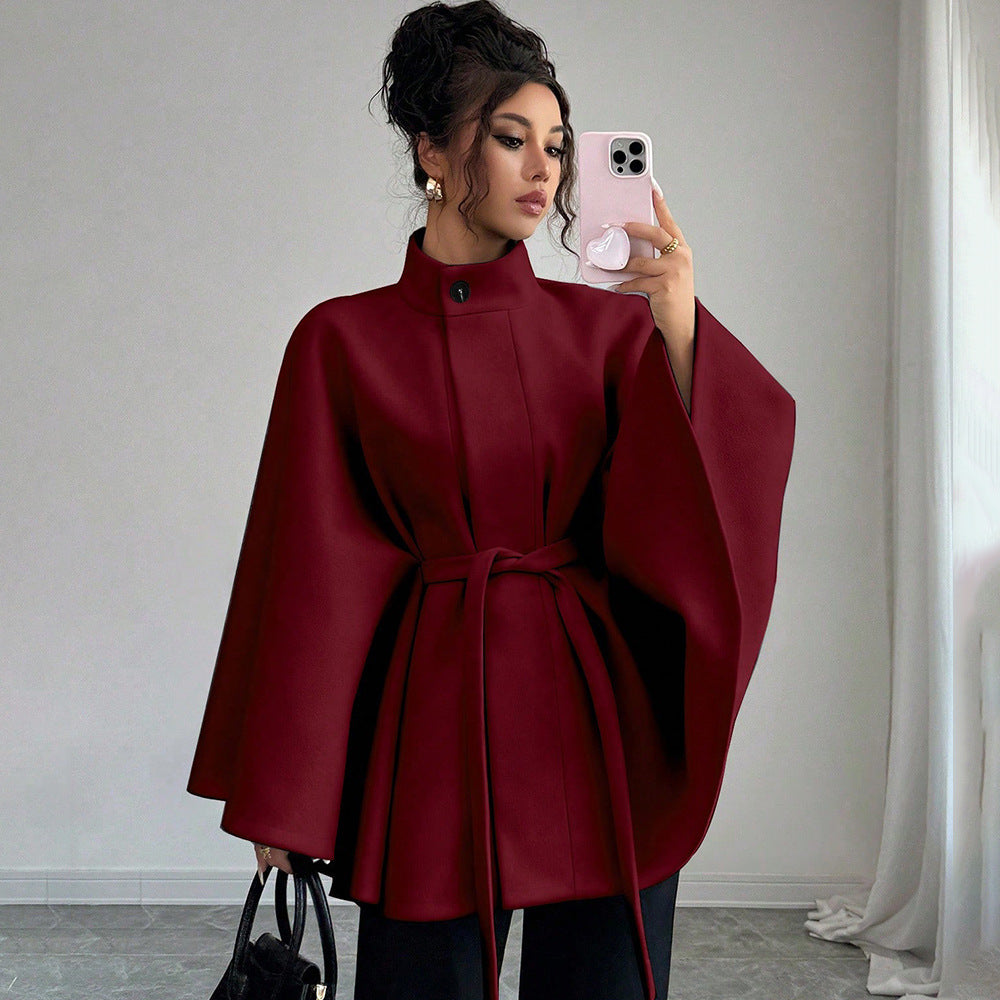 Elegant Stand Collar Tie-Waist Cape-Style Designer Woolen Coat-Red