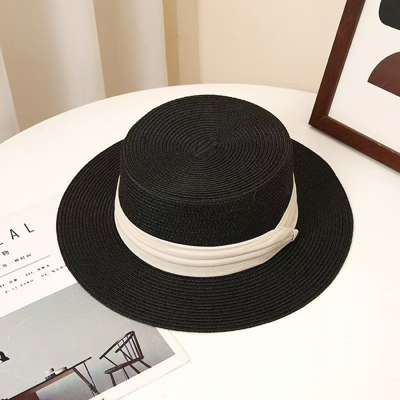 Flat-top UV Protection Straw Hat – Versatile Summer Hat-Khaki with black tri-fold band