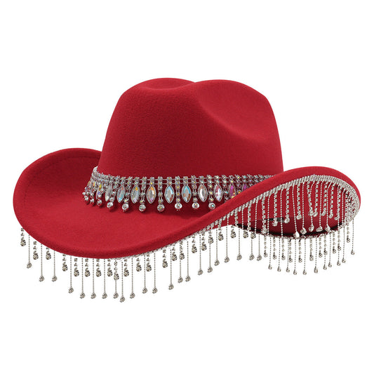 Bridal Hat with Large Round Gemstones, Tassel & Rhinestone Accents-Wine Red