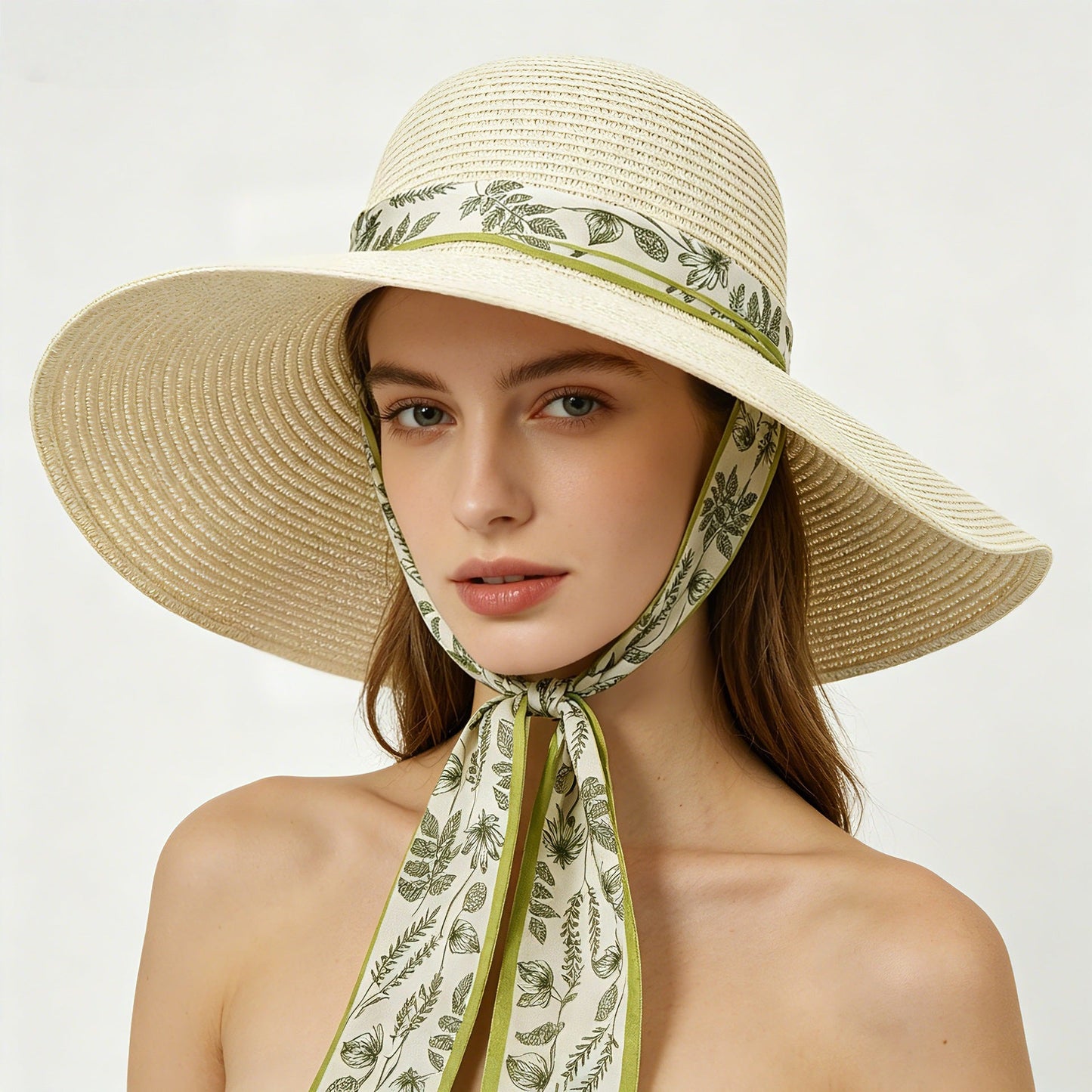 French-Style Large-Brim Straw Sun Hat With-White