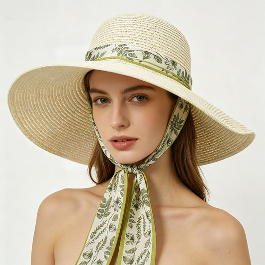 French-Style Large-Brim Straw Sun Hat With-White