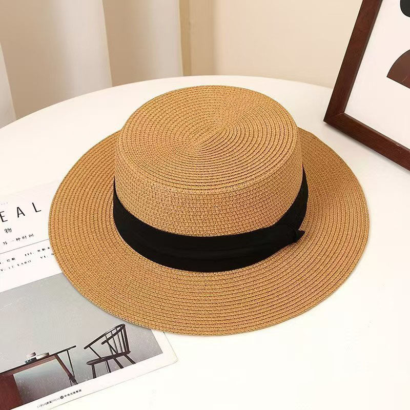 Flat-top UV Protection Straw Hat – Versatile Summer Hat-Khaki with black tri-fold band