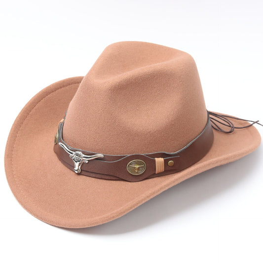 Western Cowboy Hat – Felt Hat with Cow Skull Accessory-Khaki