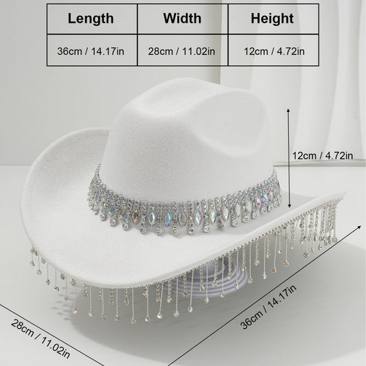Bridal Hat with Large Round Gemstones, Tassel & Rhinestone Accents-White