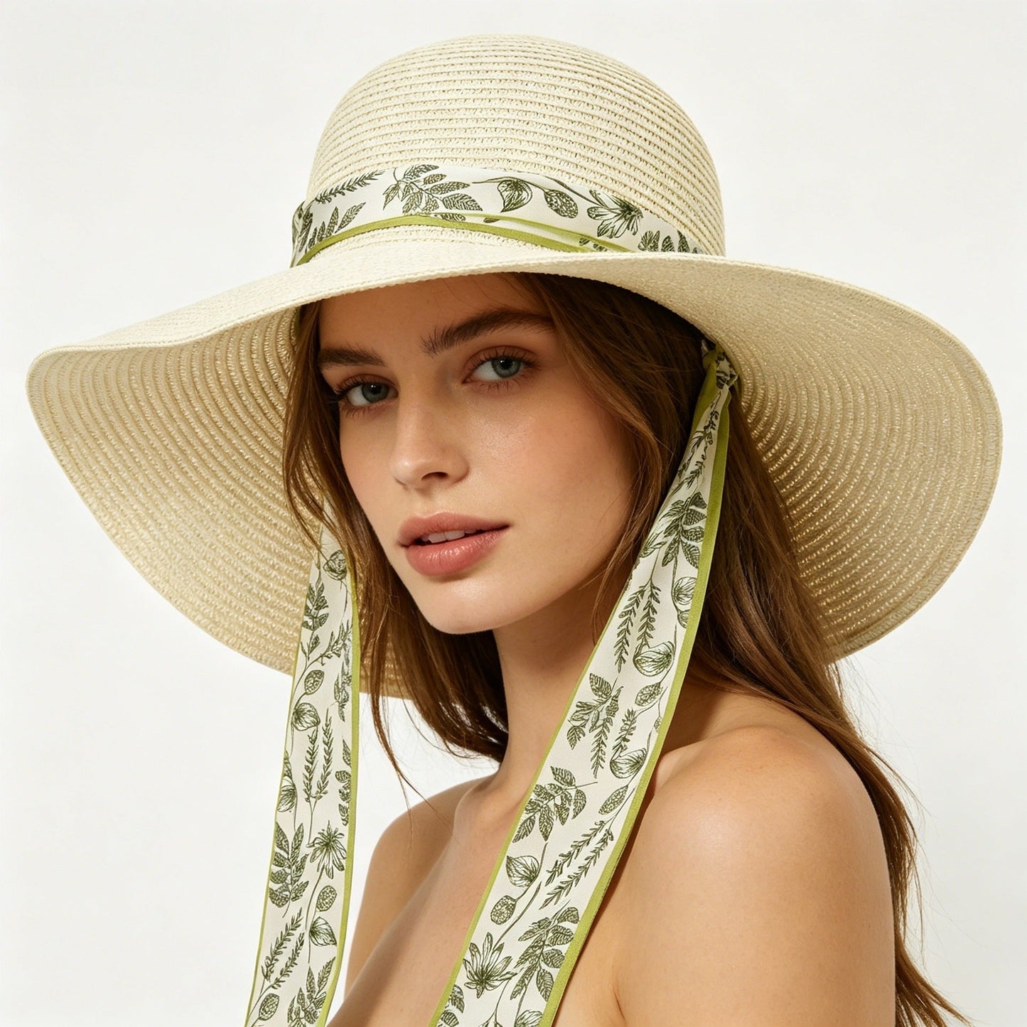 French-Style Large-Brim Straw Sun Hat With-White
