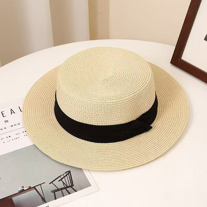 Flat-top UV Protection Straw Hat – Versatile Summer Hat-Beige with black tri-fold band