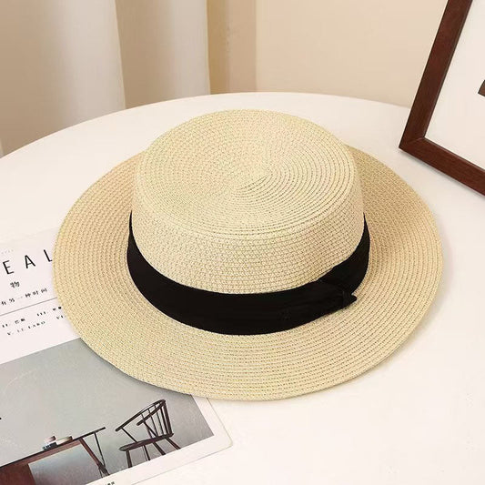 Flat-top UV Protection Straw Hat – Versatile Summer Hat-Beige with black tri-fold band