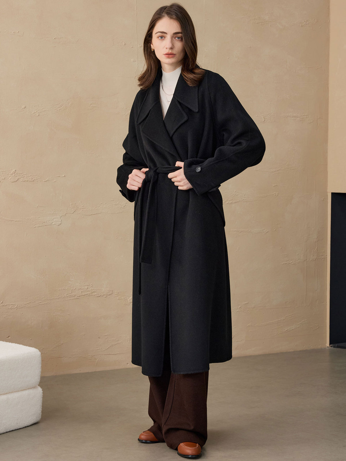 Women's Classic Double-Faced Wool Coat – Elegant Bathrobe-Style European Fit Woolen Overcoat