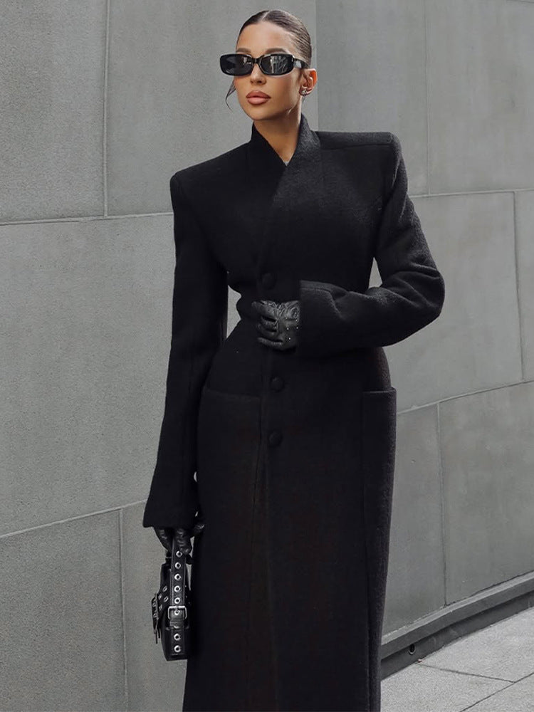 Women's Elegant Stand Collar Single-Breasted Waist-Cinched Long Silhouette Winter Woolen Coat – Premium Feel