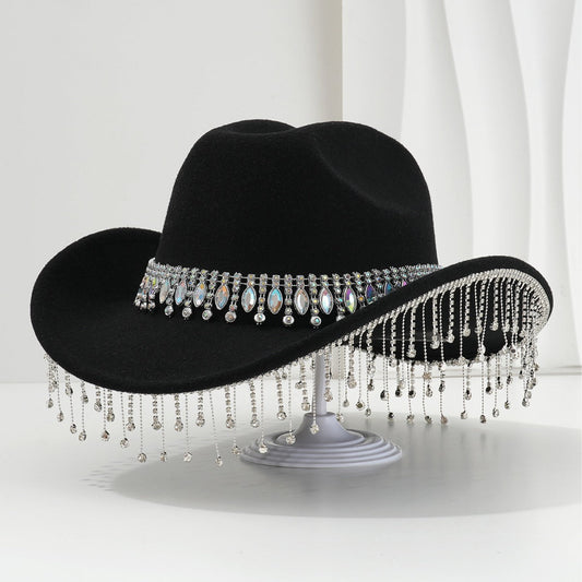 Bridal Hat with Large Round Gemstones, Tassel & Rhinestone Accents-Black
