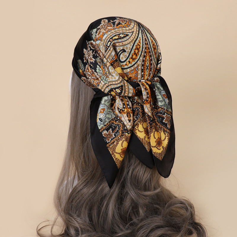 **English Translation:**   70cm Black Paisley Silk Square Scarf – Decorative Neck Scarf, Ascot Tie, and European/American Style Headwrap